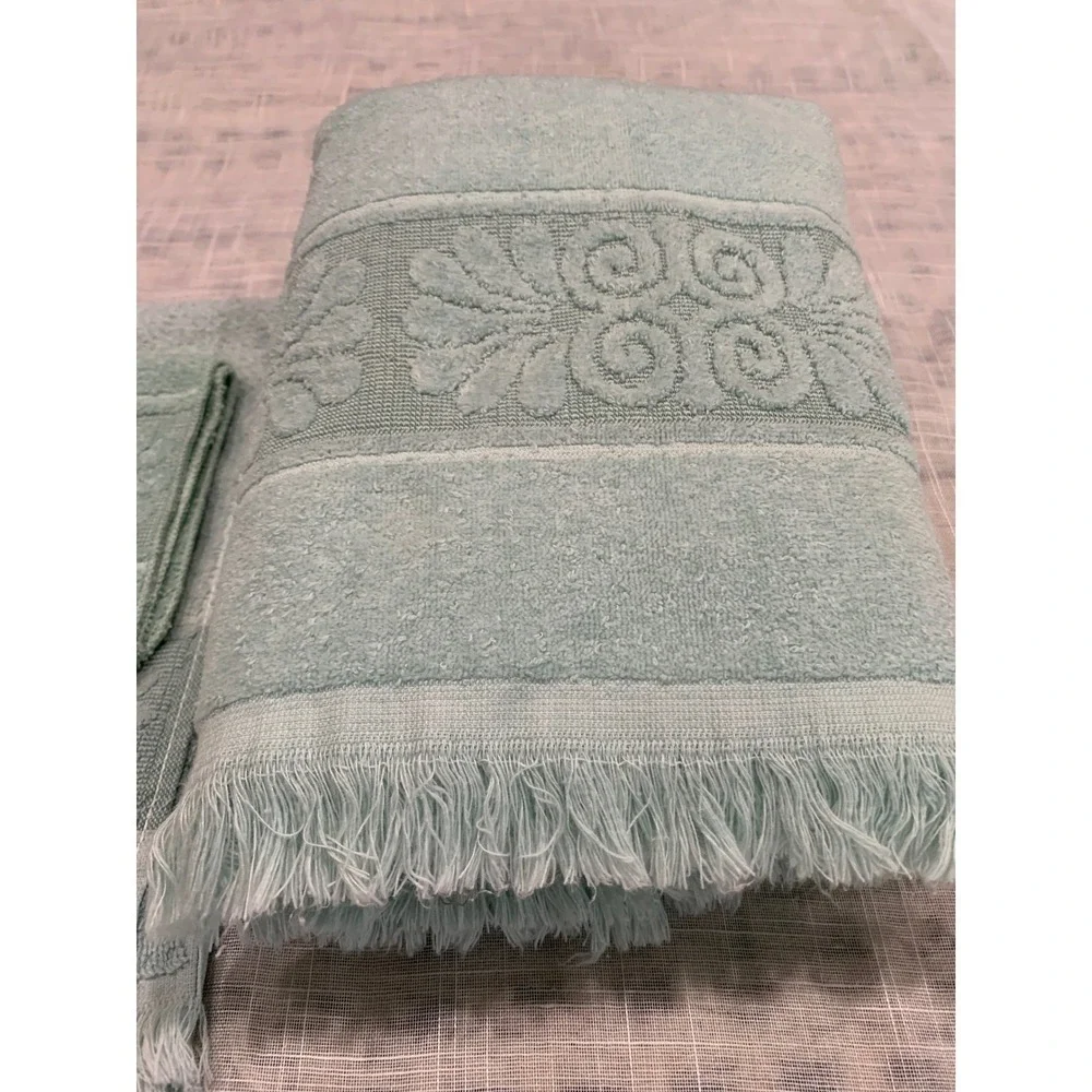 Vintage Cannon Sage Green Towel Set Fringed Retro Floral Cottagecore Rare Y2K